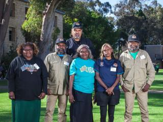 The Oak Valley Rangers - From left to right: Rear is Clayton Queama and Front is Hillary Williams, Lance Ingomar, Cindy Watson, Silvia Boogar, Leon Brown. Photo: © Oak Valley (Maralinga) Aboriginal Corporation  