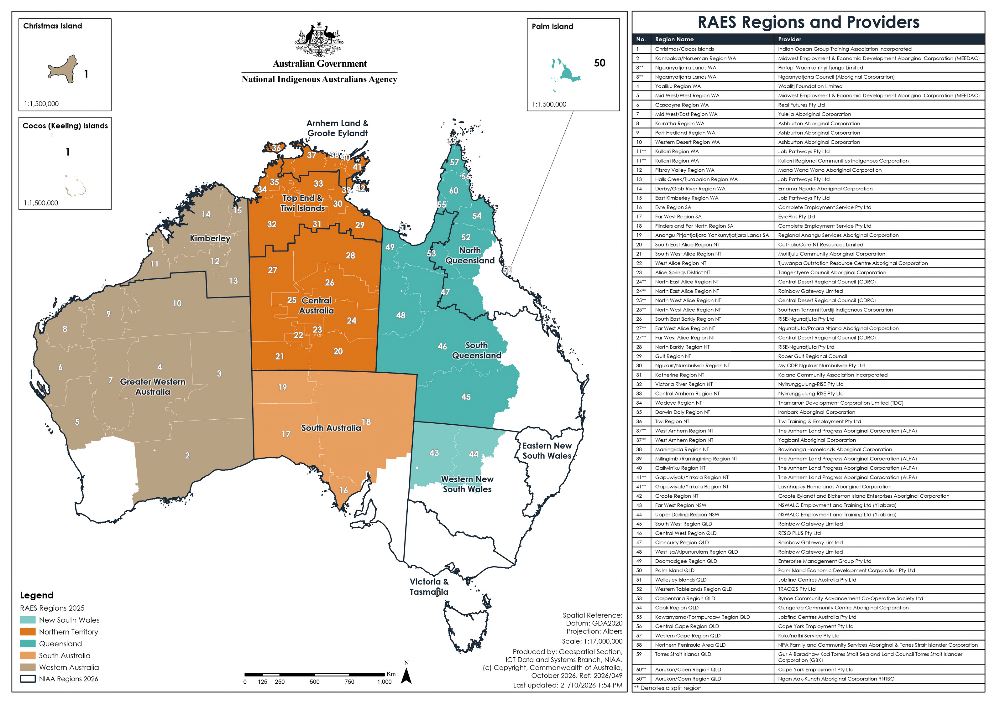 RAES Regions and Providers map as at October 2026