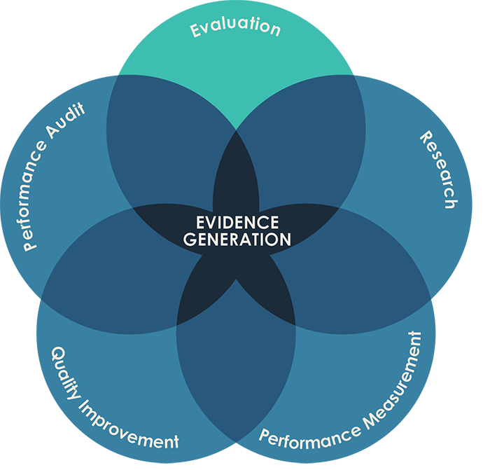 Figure 1 shows overlapping circles of evidence generation. These are: Evaluation, Research, Performance Measurement, Quality Improvement and Performance Audit. Evaluation overlaps with all the other forms of evidence. The source for this diagram is Lovato and Hutchinson, 2017.