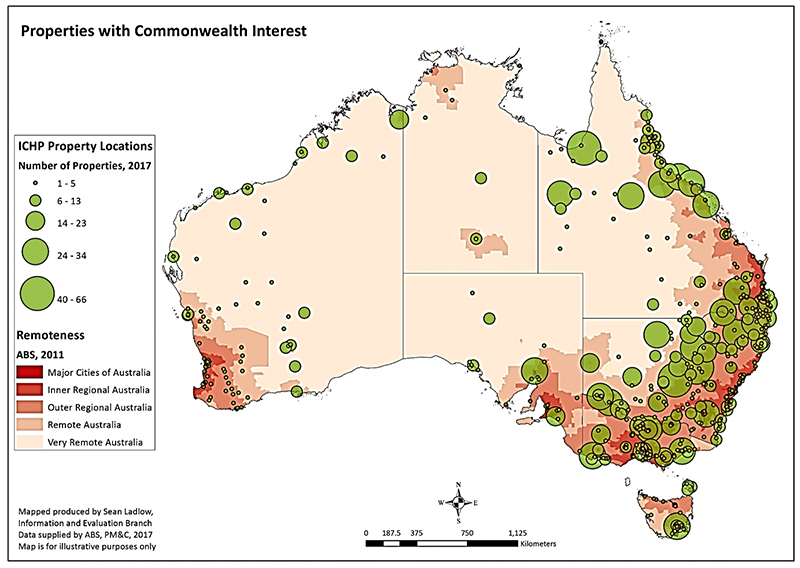 A map of Australia showing locations of properties with Commonwealth Interests