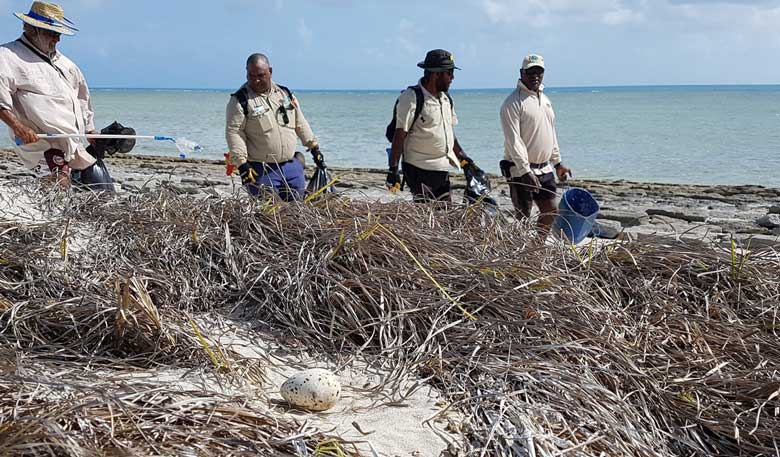 Torres Strait Island rangers and Traditional Owners removing plastic from Uttu beach