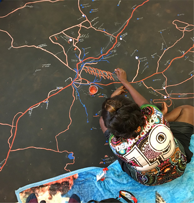 Indigenous child sitting on the ground looking at the colourful Warburton Women Rangers Map
