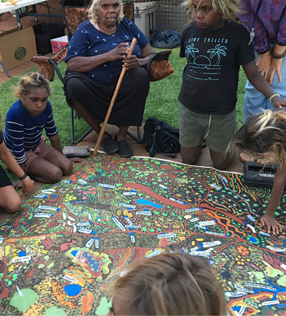 Indigenous children sitting on the ground with Indigenous Elder sitting in a chair looking at the colourful Warburton Women Rangers Map