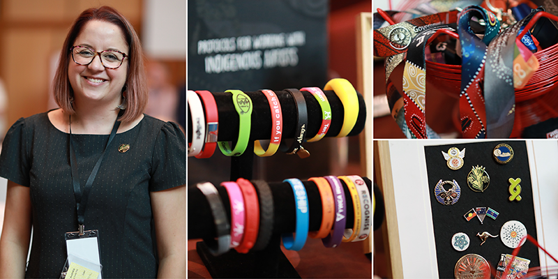 There is a vertical picture of a woman wearing a black dress who is smiling. There are 3 smaller pictures next to her of colourful wristbands, badges and lanyard holders.