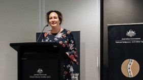 Fiona Cornforth at a lectern speaking to NIAA Staff.