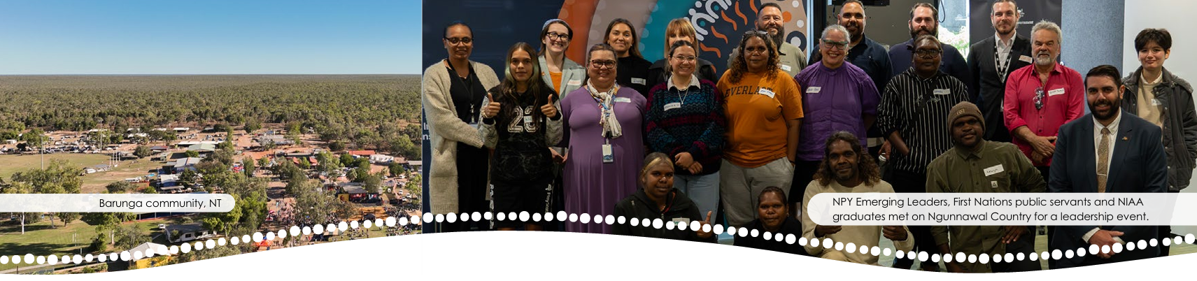 Barunga Community, NT (left) and NPY Emerging Leaders, First Nations public servants and NIAA   graduates met on Ngunnawal Country for a leadership event (right)