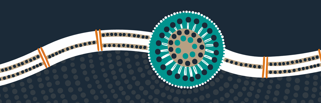 artwork showing a trail weaving across with a circle with intricate pattern