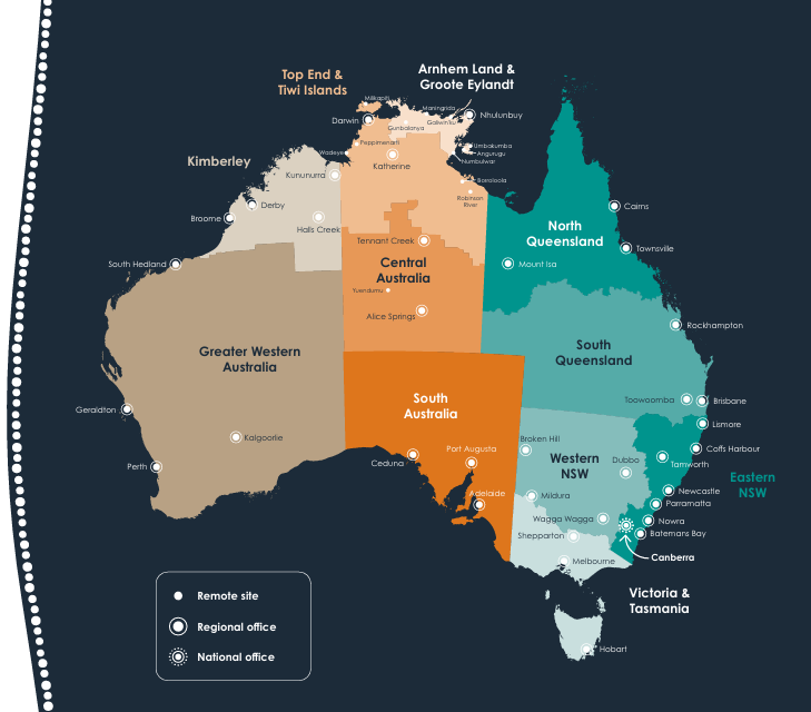 Map of office locations marked on map of Australia