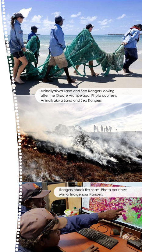 Indigenous rangers at work on a beach pulling a net. Then watching over back-burning, then checking fire scans on a computer.