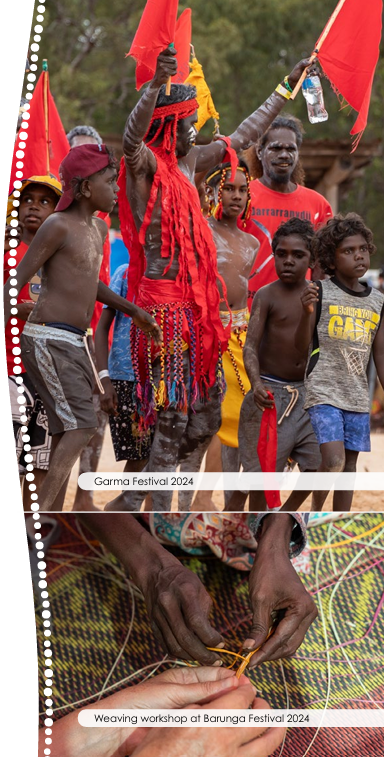 Top: People performe at the GARMA festival. Bottom: Hands weaving at Barunga Festival