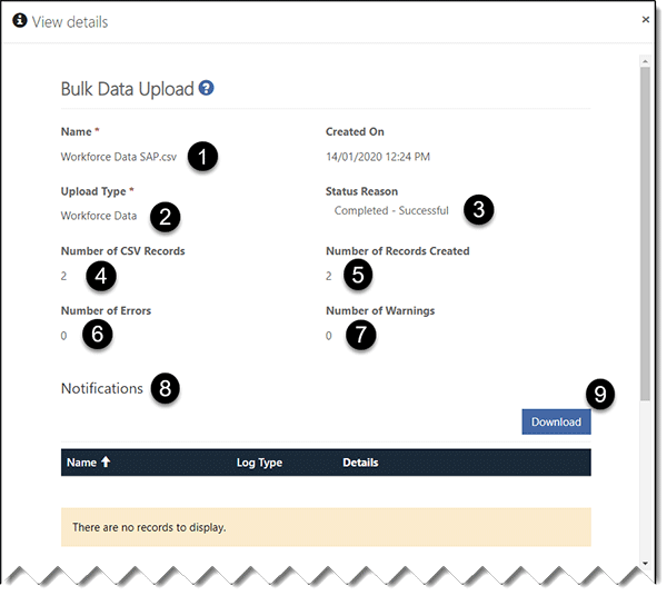 Screenshot showing Viewing the outcome of a Bulk Upload screen