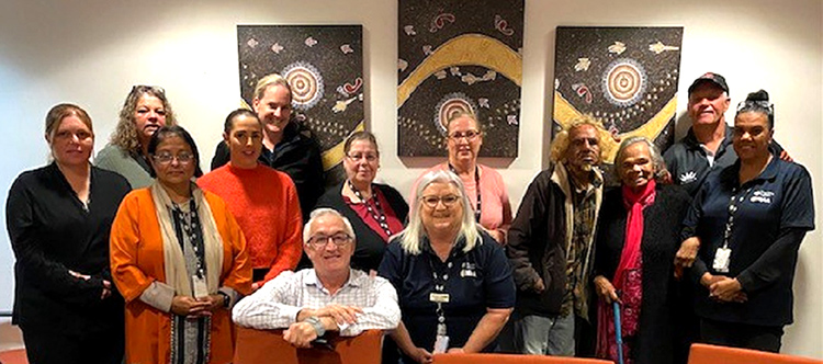 Uncle Frank Doolan, Aunty Pat Doolan PSM, and Ron ‘Rambo’ Gibbs with the Western NSW Region staff in Dubbo.