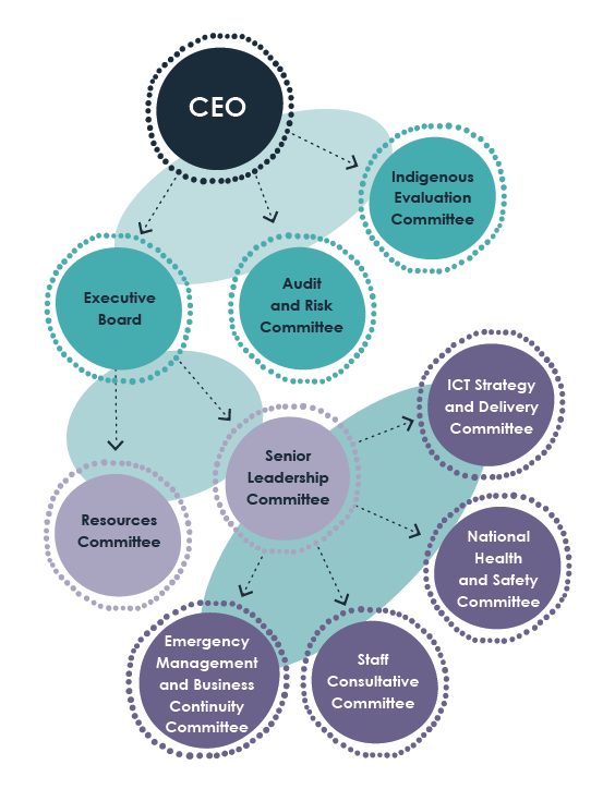 Our governance structure and operating model as at 1 July 2023 provides accountability, transparency and integrity. It lets us make effective decisions and support the Chief Executive Officer as the accountable authority