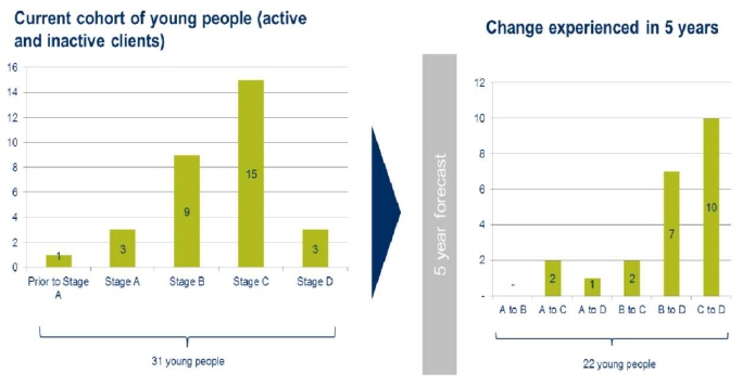 Bar charts displaying projected changes in stages of development for young people after 5 years. Out of 3 young people starting in Stage A it is expected that 2 will change to C, and 1 will change to D. Out of 9 young people starting in Stage B it is expected that 2 will change to C and 7 will change to D. Out of 15 young people starting in Stage C it is expected that 10 will change to D.