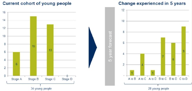 Bar charts displaying projected changes in stages of development for young people after 5 years. Out of 6 young people starting in Stage A it is expected that 1 will change to B, 4 will change to C, and 1 will change to D. Out of 15 young people starting in Stage B it is expected that 7 will change to C and 6 will change to D. Out of 13 young people starting in Stage C it is expected that 9 will change to D.
