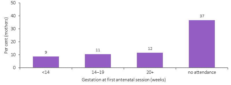 Figure 4 shows the relationship between the timing of a Indigneous mothers first antenatal care session and low birthweight. Data are presented by gestation (in weeks) at first antenatal visit: less than 14 weeks gestation, 14 to 19 week, 20 or more weeks, and those who did not receive antenatal care. The figure shows that Indigenous women who received no antenatal care were four times more likely to have a low birthweight baby than women who received care. 