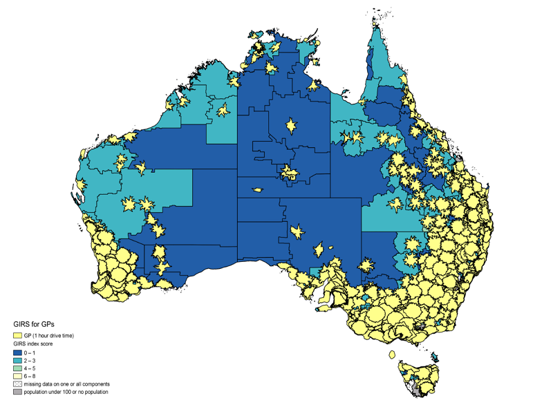 The map in Figure 27 shows the areas with lowest relative supply of GPs in the dark blue and those within one hour drive time in yellow. It illustrates the spatial distribution of the Geographically-adjusted Index of Relative Supply (GIRS) scores across the map of Australia. It includes the 1 hour drive time catchments of the known General Practioner locations (proximity to services), which highlights how service catchments cross area boundaries; it shows that most remoter areas are not within a 1 hour drive of a GP. 