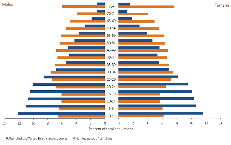 Figure 42 shows the age distribution of the Australian population by Indigenous status and sex using 2017 projections. Data is presented for Aboriginal and Torres Strait Islander males and females; and non-Indigenous Australian males and females. The age structure of the Aboriginal and Torres Strait Islander population is significantly younger than the non-Indigenous population.