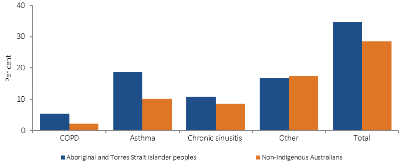 Figure 1.04-4 shows the proportion of persons reporting respiratory disease by Indigenous status for the period 2012-13. Data are presented for Aboriginal and Torres Strait Islander peoples and non-Indigenous Australians. In 2012–13, 31% of Indigenous Australians reported long term respiratory diseases that had lasted 6 months or more. The most commonly reported respiratory condition was asthma (18%) followed by chronic sinusitis (8%) and COPD (4%).