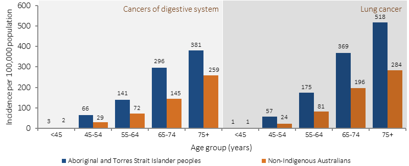 Figure 1.08-5 shows the incidence of digestive system (excluding bowel) and lung cancer (age-specific rates per 100,000 population) in 2008-2012, by Indigenous status and age. Data are presented for Aboriginal and Torres Strait Islander peoples and non-Indigenous Australians. Data are combined from five jurisdictions: NSW, VIC, Queensland, WA and NT. The age groups presented are: <45 years; 45-54 years; 55-64 years; 65-74 years; and 75 years and over. Among Indigenous Australians, incidence rates were higher in younger age groups than for non-Indigenous Australians. Higher rates of cancer incidence were evident from 45 years onwards.