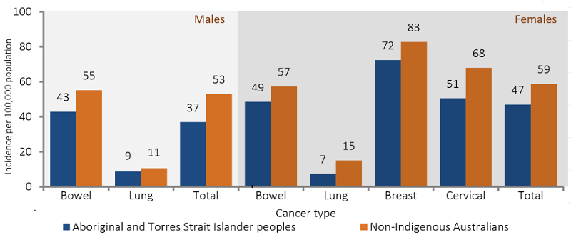 Figure 1.08-6 shows the proportion of five-year crude survival rate for selected types of cancer in 2004-2012, by Indigenous status. Data are presented for Aboriginal and Torres Strait Islander peoples and non-Indigenous Australians. Data are combined from five jurisdictions: NSW, VIC, Queensland, WA and NT. The  five-year crude survival rate for males is presented for bowel, lung, and total cancers. The  five-year crude survival rate for females is presented for bowel, lung, breast, cervical, and total cancers. In 2004–12, the 5-year crude cancer survival rate for Indigenous Australians was lower for both Indigenous males (37%) and females (47%) compared with non-Indigenous males (53%) and females (59%). 