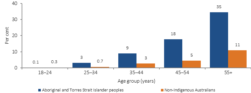 Figure 1.09-3 shows the proportion of Aboriginal and Torres Strait Islander peoples reporting diabetes/high sugar levels for the period 2012-13, by Indigenous status and age. Data are presented for Aboriginal and Torres Strait Islander peoples and non-Indigenous Australians. The age groups presented are: 18-24 years; 25-34 years; 35-44 years; 45-54 years; and 55 years and over. Among Indigenous Australians, diabetes problems started in younger age groups than for non-Indigenous Australians. Higher rates of diabetes were evident from 35 years onwards and by 55 years, more than one-third of Indigenous Australians had diabetes. 