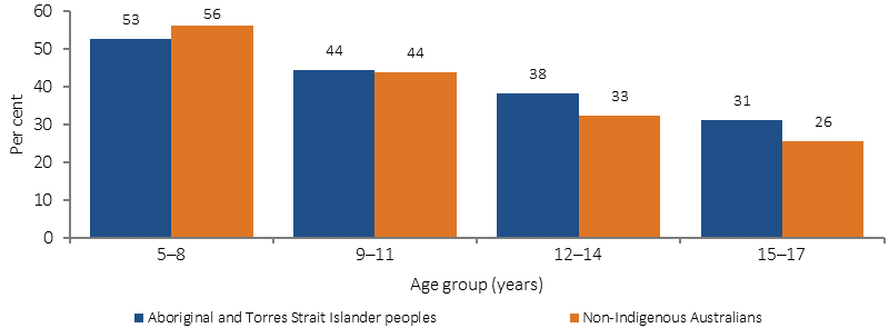 Figure 2.18-4 shows rates of appropriate screen-based activity for children aged 5-17 years, in non-remote areas in 2012-13, by age group and Indigenous status. Rates are the percentage of children who met screen-based activity guidelines. Data are presented for four age groups: 5-8 years, 9-11 years, 12-14 years, and 15-17 years. The proportion of children meeting the screen-based guidlines declined with age for both Indigenous and non-Indigenous children.