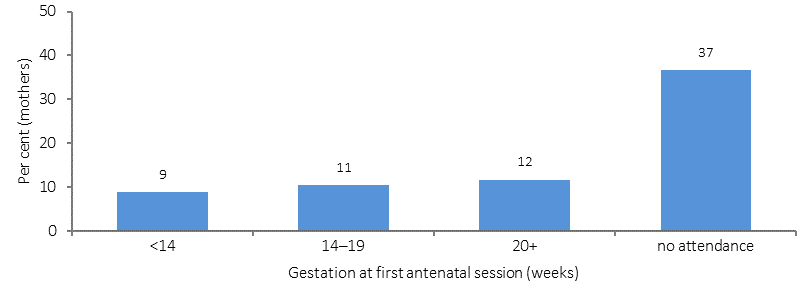 Figure 3.01-4 shows the relationship between the timing of a Indigneous mothers first antenatal care session and low birthweight. Data are presented by gestation (in weeks) at first antenatal visit: less than 14 weeks gestation, 14 to 19 week, 20 or more weeks, and those who did not receive antenatal care. The figure shows that Indigenous women who received no antenatal care were four times more likely to have a low birthweight baby than women who received care. 