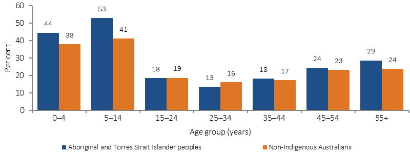 Figure 3.18-2 shows the proportion of people with asthma who reported having a written asthma action plan in 2012-13, by Indigenous status and age group. Data are for non-remote areas only. Data are presented for seven age groups: 0-4 years, then 10-year age groups from 5-14 years to 55 years and older. In non-remote areas, rates of having an asthma plan were similar for Indigenous and non-Indigenous Australians, across all age groups. Rates were highest for children aged under 15 years.