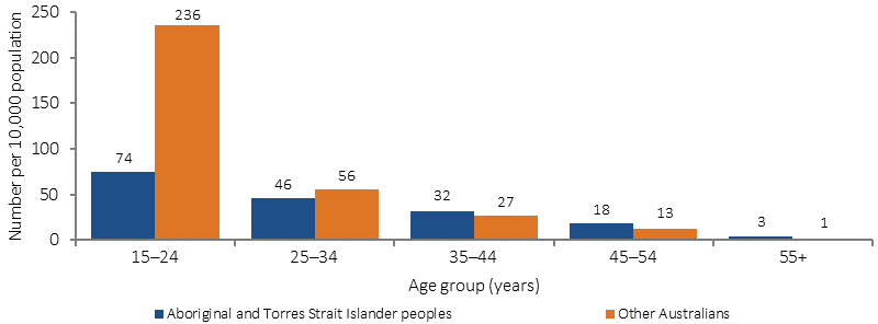 Figure 3.20-2 shows the rate of undergraduate students enrolled in health-related courses (per 10,000) in 2015, by age group and Indigenous status. Rates are presented for 10-year age groups from 15-24 years to 55 years and older. Indigenous student enrolments rates for health-related courses were much lower than non-Indigenous rates among 15-24 year-olds, but Indigenous rates exceeded non-Indigenous rates from 35 years and older.