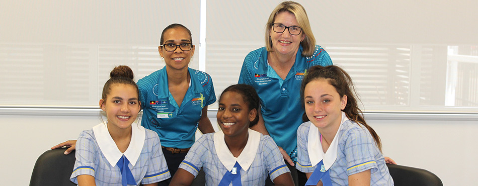 Education officers De’arne French and Janelle Knack (back row) with students from St Margaret Mary’s College in Townsville: (left to right) Tess Baker, Jamaica Lampton and Gabriella Bogdanek.