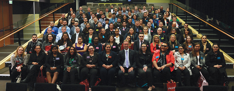 Participants in the Indigenous Australian Government Development Programme (IAGDP) pictured with the Minister for Indigenous Affairs, Senator Nigel Scullion in Canberra. The IAGDP is a 15 month programme that combines ongoing employment with structured learning to increase the representation of Indigenous Australians working in the Australian Government.