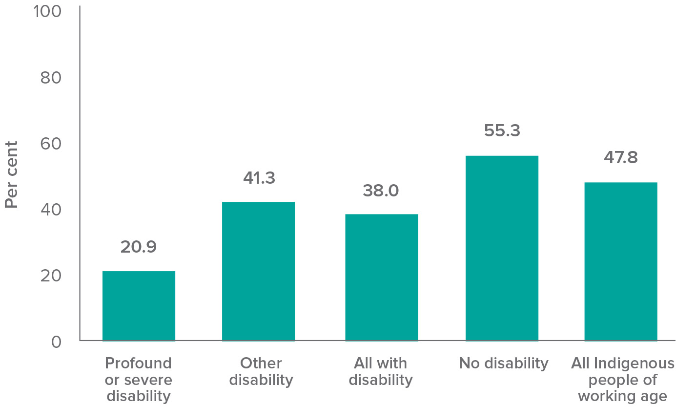 Graph: Indigenous working age (15-64 years) employment rates by disability status, 2012-13, (per cent)