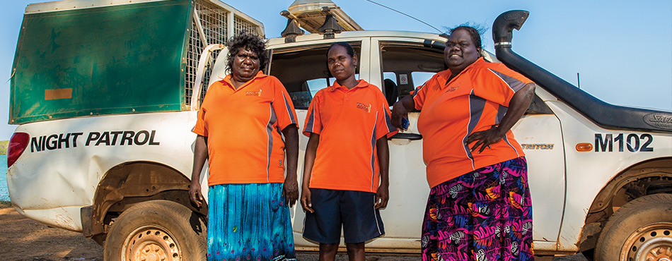 This photograph shows Tiwi Island night patrollers who are members of the Wurrumiyanga Community Safety Patrol on Bathurst Island. 
