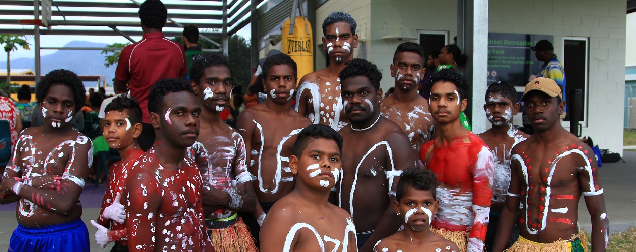 In this photo AFL Cape York House students are pictured in traditional dress during 2017 NAIDOC Week celebrations