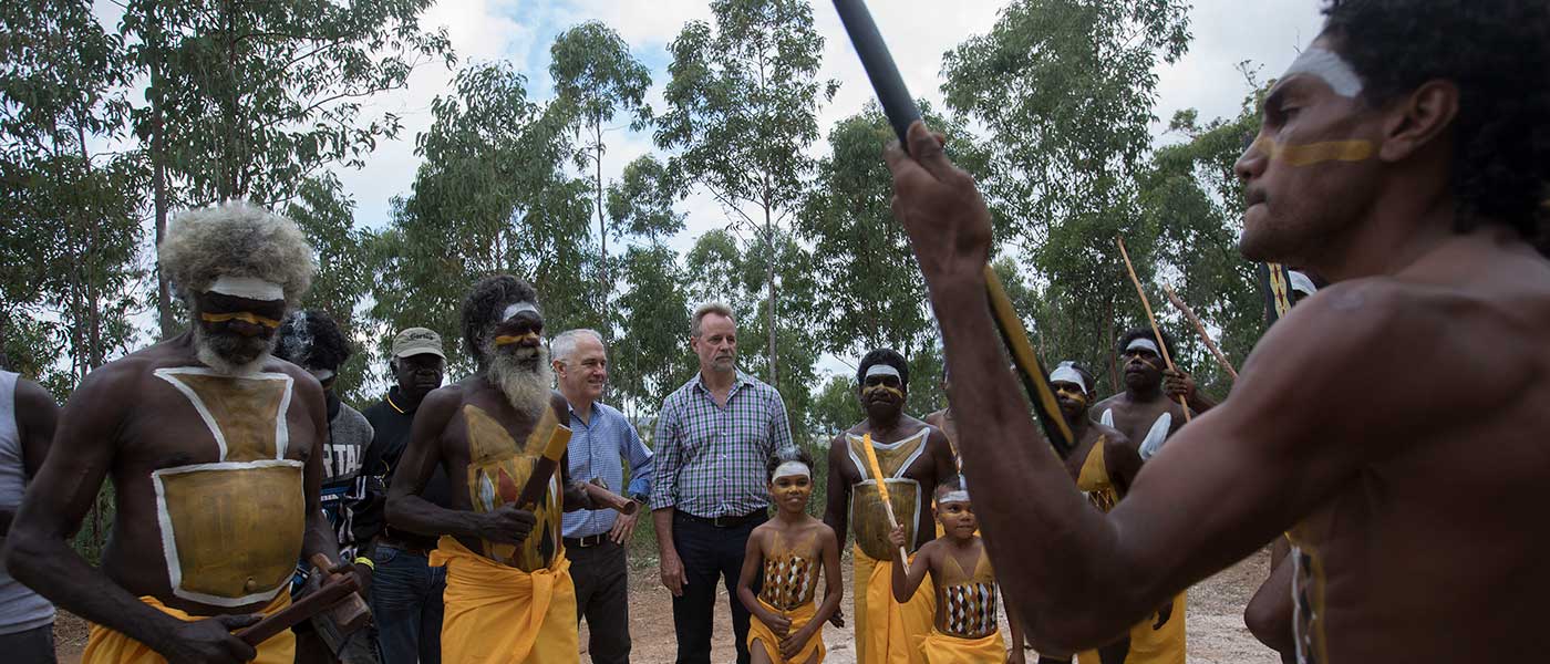 Members of the Gumatj Clan with Prime Minister Malcolm Turnbull and the Minister for Indigenous Affairs Nigel Scullion