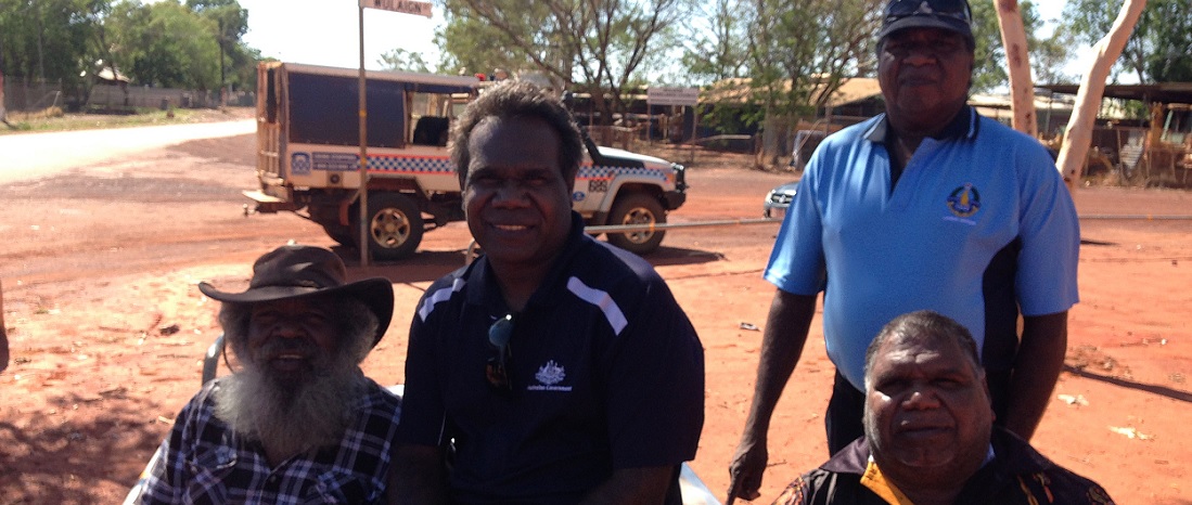 Senior residents in Lajamanu are actively working to encourage greater respect for Indigenous and non-Indigenous law and justice within the remote Northern Territory community. In this photo Lajamanu Kurdiji Group members are shown, from left, Peter Jigili, Lamun Tasman, Joe Marshall and, right back, Anthony Johnson.