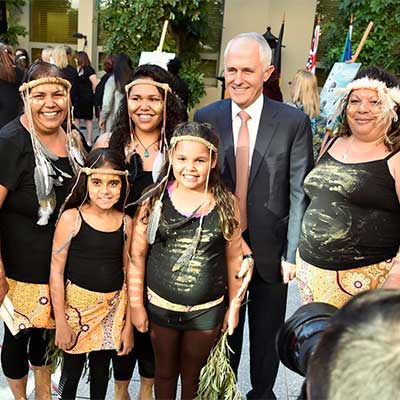 Ngunnawal Elder Tina Brown and her daughter, Justine Brown with Prime Minister Malcolm Turnbull