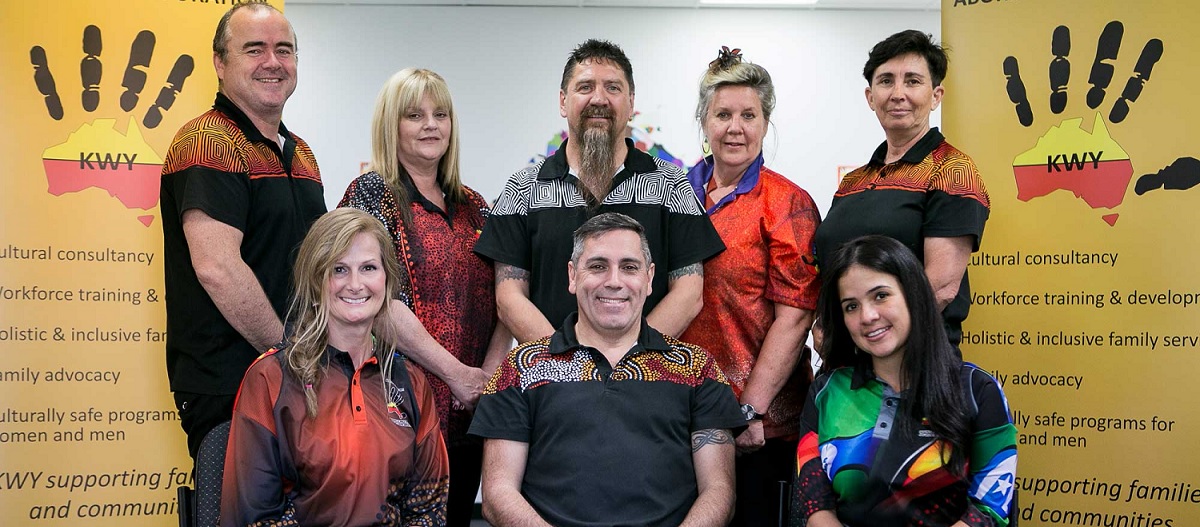 This photo captures team members from the Kornar Winmil Yunti Aboriginal Corporation. They are Tod Stokes,Stephanie McGarrigan, Brad Hart, Prue Adamson and Teri Di Salvo. Front row from left, Jenni Greenhill,Craig Rigney, and Dianne Martin. The Corporation works with their communities to reduce family violence in South Australia.