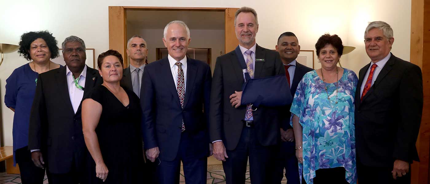 Ms Andrea Mason, Mr Djumbulwar Marawili AM, Professor Ngiare Brown, Professor Chris Sarra, Prime Minister Malcolm Turnbull, Minister for Indigenous Affairs Nigel Scullion, Cr Roy Ah-See, Ms Susan Murphy, and Minister for Indigenous Health Ken Wyatt AM. 