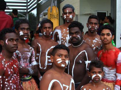 In this photo AFL Cape York House students are pictured in traditional dress during 2017 NAIDOC Week celebrations