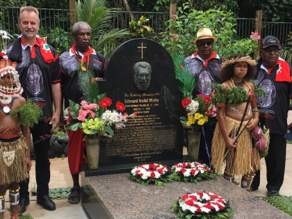 This photo shows Eddie Mabo’s restored grave site on Mer Island in the Torres Strait. The photo includes the Minister for Indigenous Affairs Nigel Scullion, Greg McIntyre SC Legal Counsel of the Mabo Case, TSIRC Councillor Bob Kaigey (Mer Division), Mer Elder Alo Tapim, TSRA Board Member (Iama) Getano Lui Jnr and TSRA Chairperson Pedro Stephen