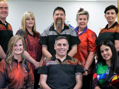 This photo captures team members from the Kornar Winmil Yunti Aboriginal Corporation. They are Tod Stokes,Stephanie McGarrigan, Brad Hart, Prue Adamson and Teri Di Salvo. Front row from left, Jenni Greenhill,Craig Rigney, and Dianne Martin. The Corporation works with their communities to reduce family violence in South Australia.