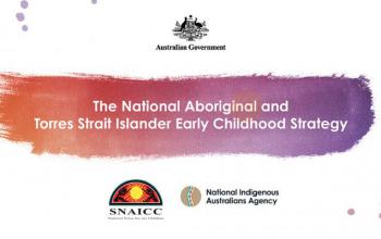 A colourful watercolour smudge across the page goes from orange to purple. In white on top of the watercolour are the words “The National Aboriginal and Torres Strait Islander Early Childhood Strategy”.