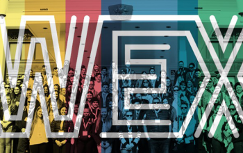 Many young people stand on the steps of a building. The image is overlayed with the colours yellow, red, blue and green and the word WEX with letters made from multiple white lines in parallel.