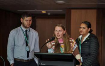 Amelia Devine presents at WEX Canberra, with (L-R) Robert James Eggmolesse and Bessie Aragu-Bailey Photo: ETM Perspectives.