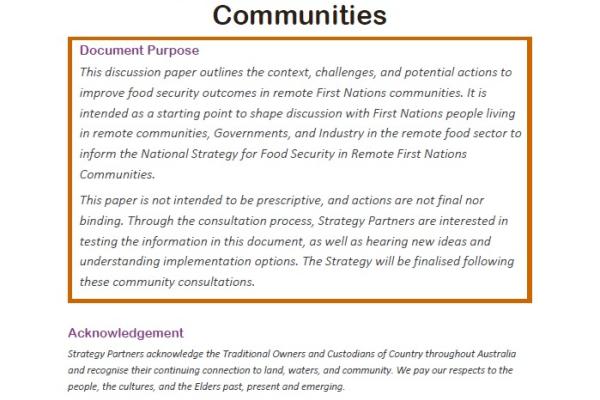National Strategy for Food Security in Remote First Nations Communities - Discussion Paper cover