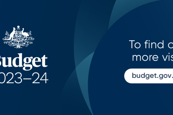 A graphic image that displays the Commonwealth Crest, followed by the title, Budget 2023-24. On the right hand side of the graphic it reads, 'To find out more visit budget.gov.au'.