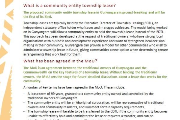 Gunyangara Community Entity Township Lease MoU - Factsheet