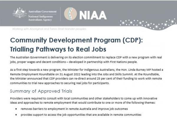 Community Development Program (CDP): Trialling Pathways to Real Jobs (Phase 1 and Phase 2)
